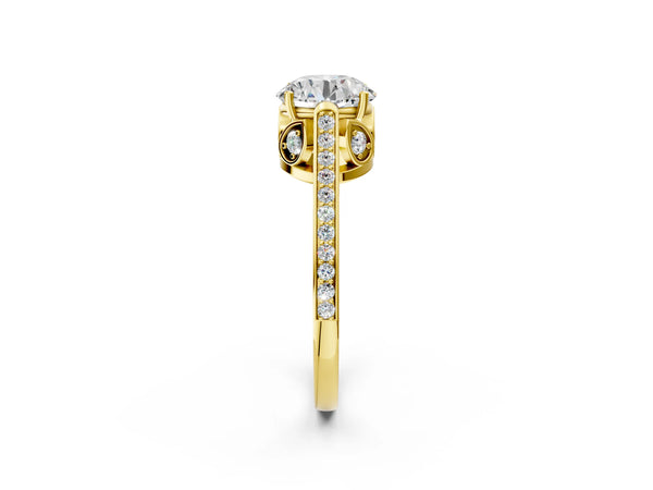 Yellow gold Round Cut Cathedral Pave Diamond Engagement Ring with Six-Prong Setting