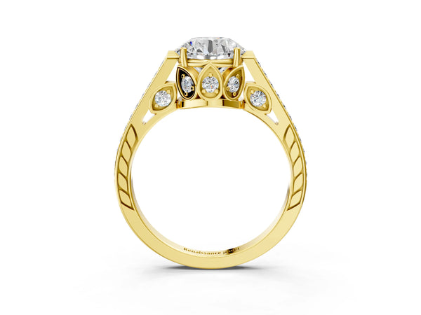 Yellow gold Round Cut Cathedral Pave Diamond Engagement Ring with Six-Prong Setting