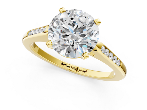 Yellow Gold Round Solitaire Engagement Ring Setting with Tapered Channel Set Round Accents