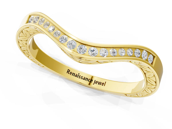 Yellow gold Round Cut Channel Set Wave Band with Pavé Setting