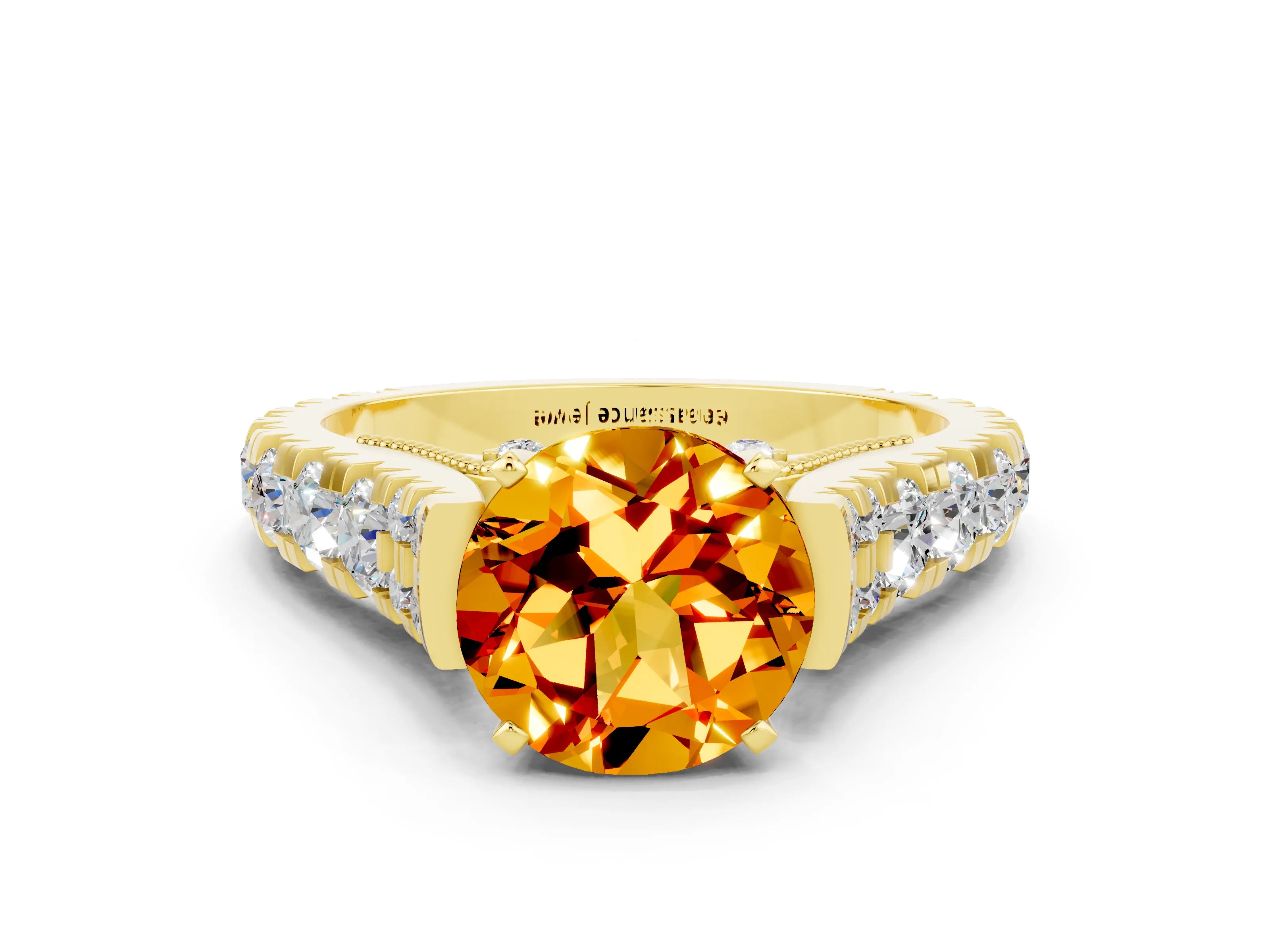 Yellow gold Round Cut Citrine Classic Solitaire Ring with Pavé Band and Four-Prong Setting