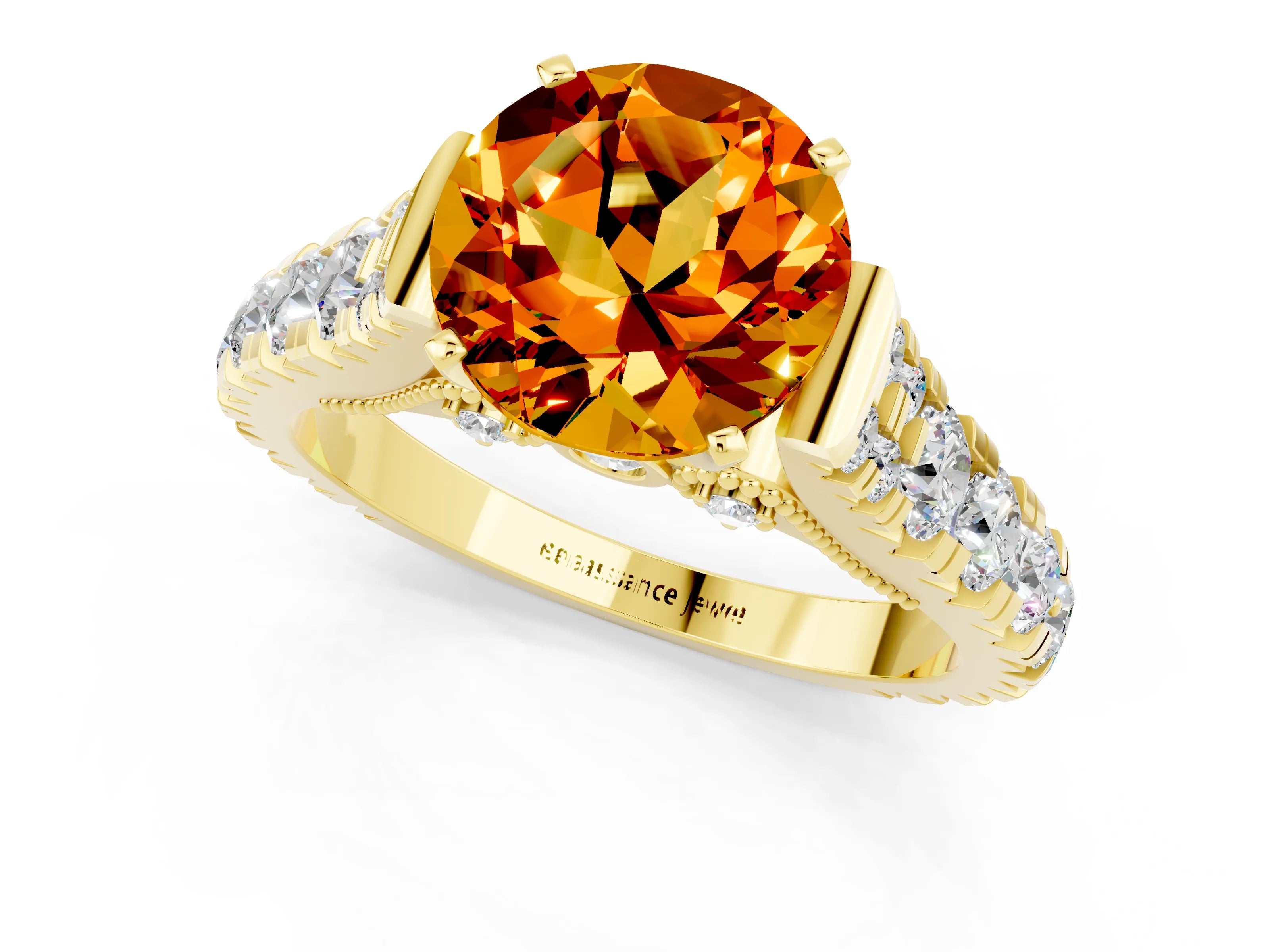 Yellow gold Round Cut Citrine Classic Solitaire Ring with Pavé Band and Four-Prong Setting_1