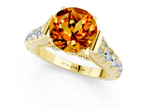 Yellow gold Round Cut Citrine Classic Solitaire Ring with Pavé Band and Four-Prong Setting_1