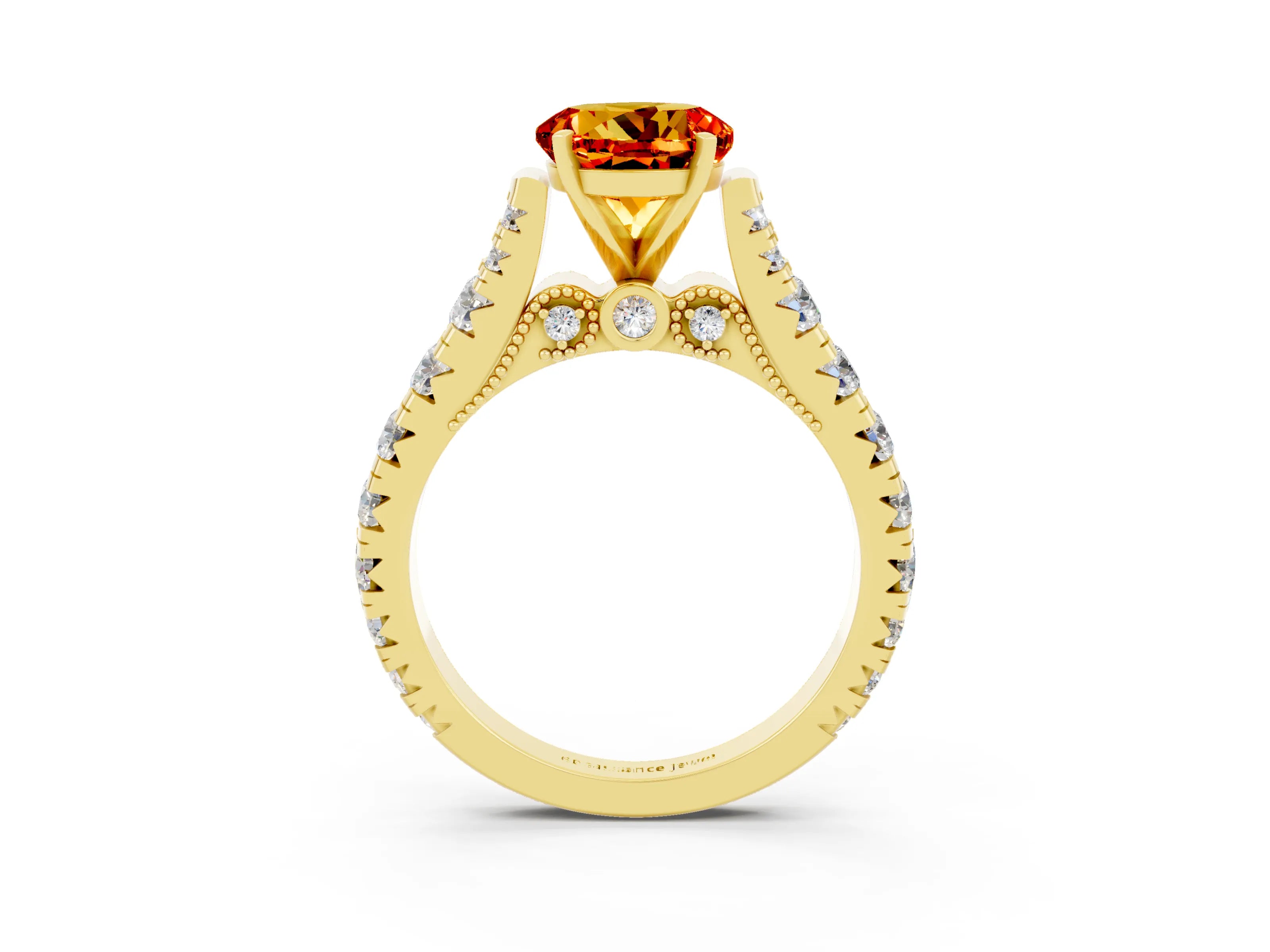 Yellow gold Round Cut Citrine Classic Solitaire Ring with Pavé Band and Four-Prong Setting_3