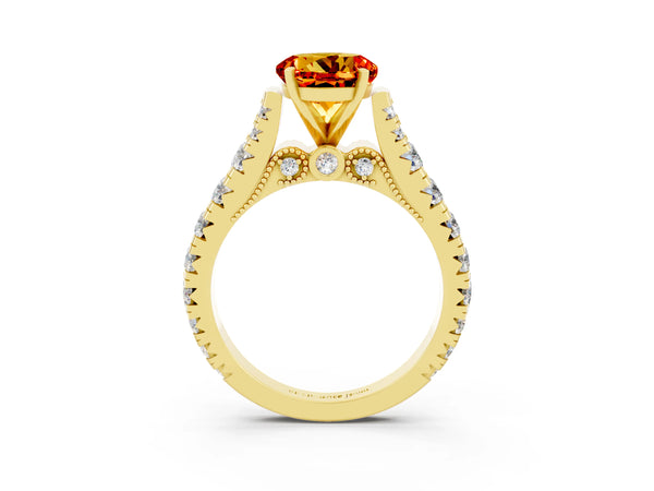 Yellow gold Round Cut Citrine Classic Solitaire Ring with Pavé Band and Four-Prong Setting