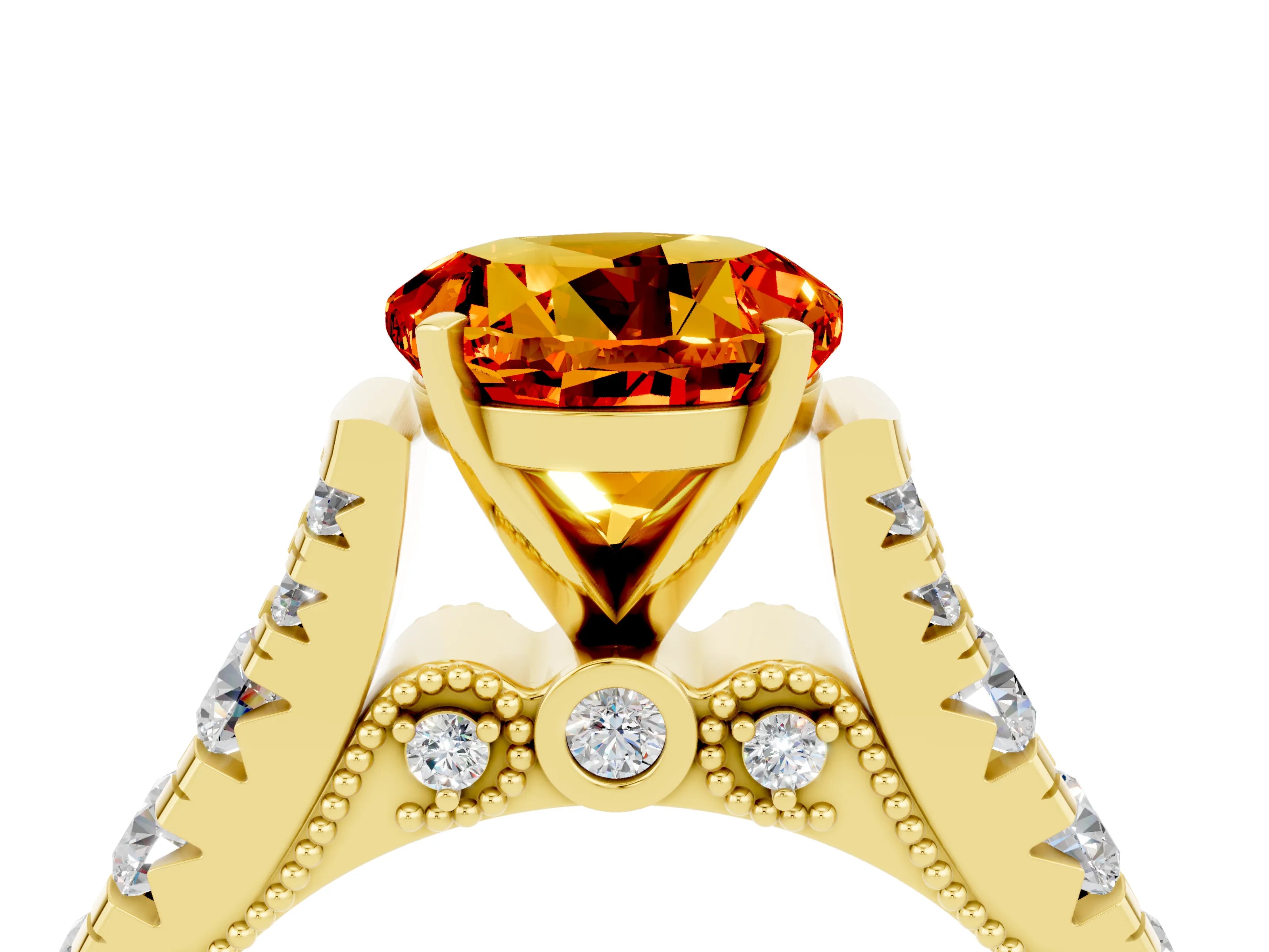 Yellow gold Round Cut Citrine Classic Solitaire Ring with Pavé Band and Four-Prong Setting_4