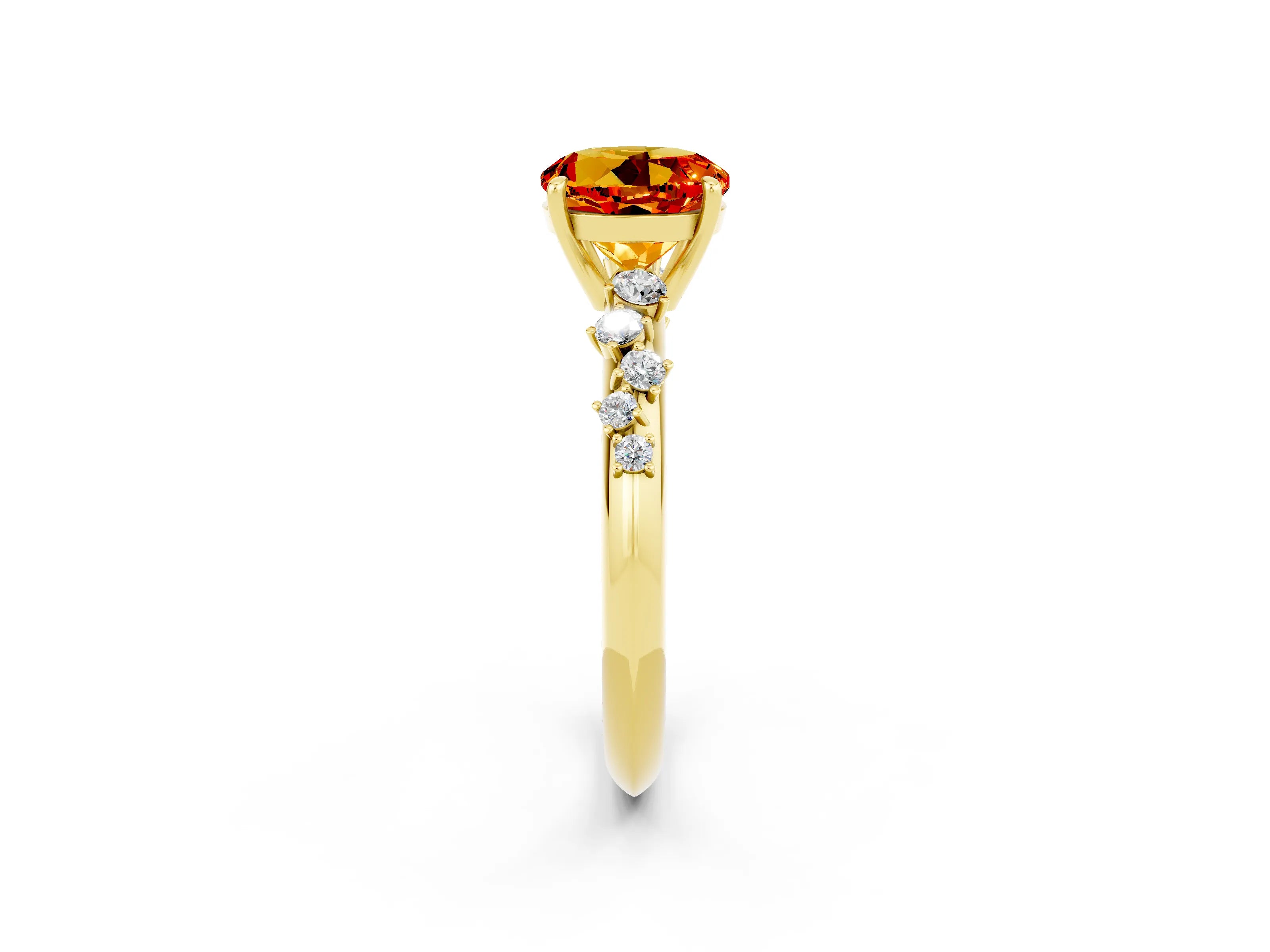 Yellow gold Round Cut Citrine Cluster Side Stone Solitaire Ring with Prong Setting_26