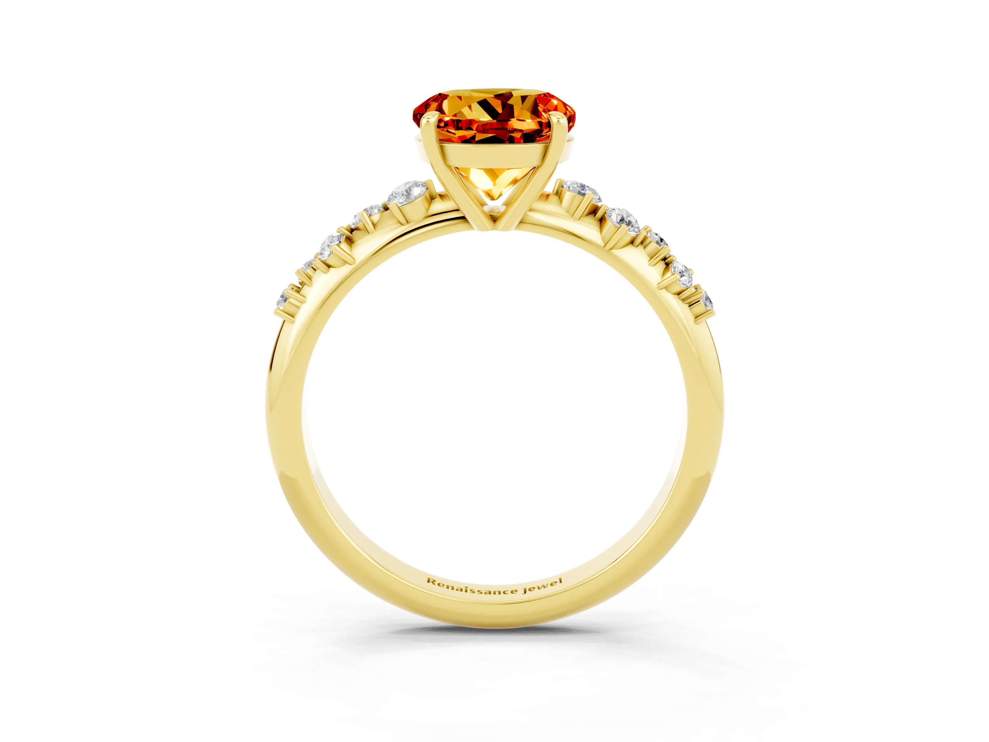 Yellow gold Round Cut Citrine Cluster Side Stone Solitaire Ring with Prong Setting_27