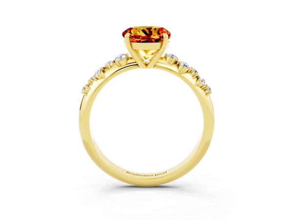 Yellow gold Round Cut Citrine Cluster Side Stone Solitaire Ring with Prong Setting