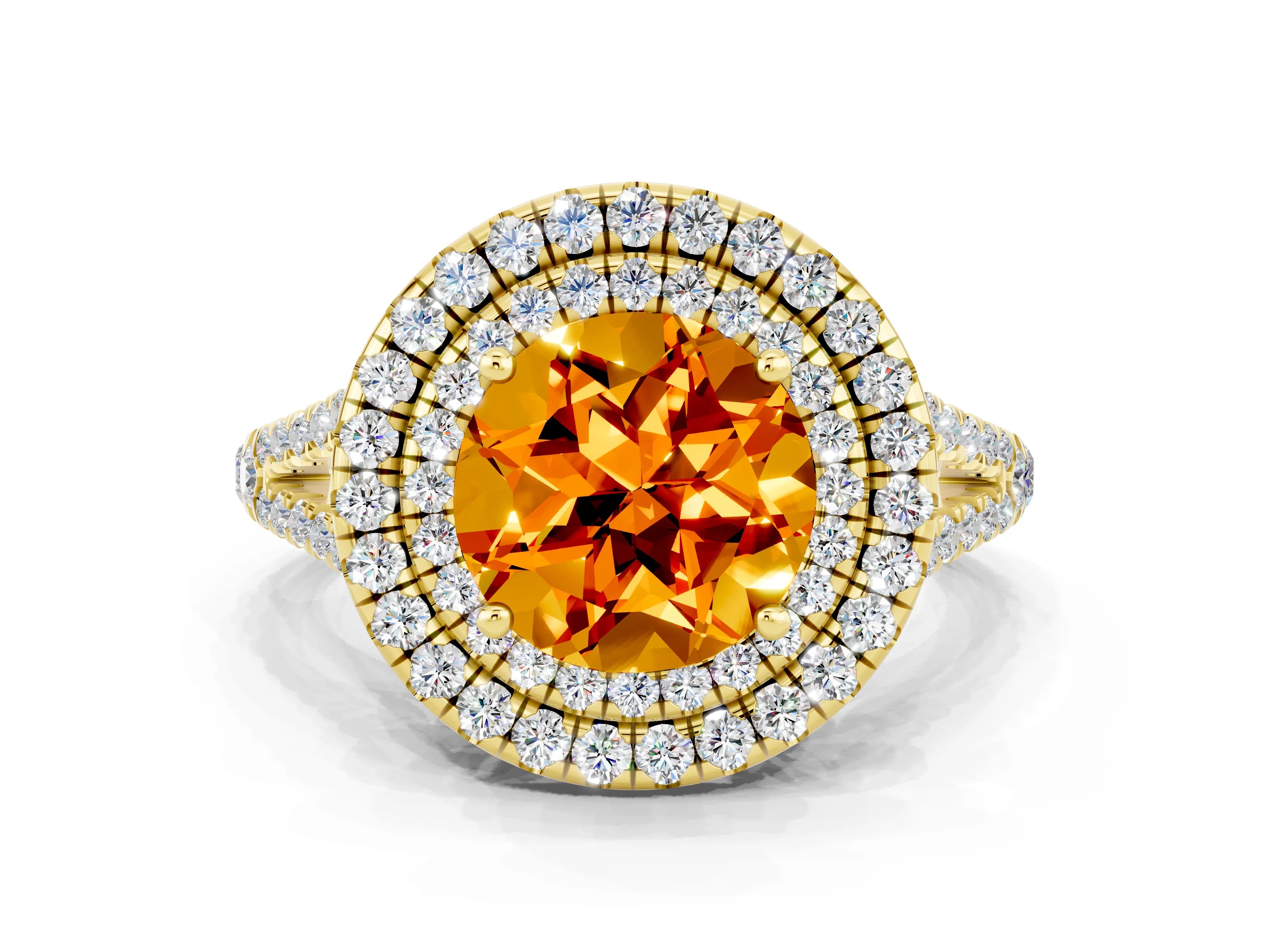 Yellow gold Round Cut Citrine Double Halo Ring with Pavé Band and Prong Setting_12