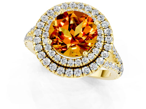 Yellow gold Round Cut Citrine Double Halo Ring with Pavé Band and Prong Setting_13