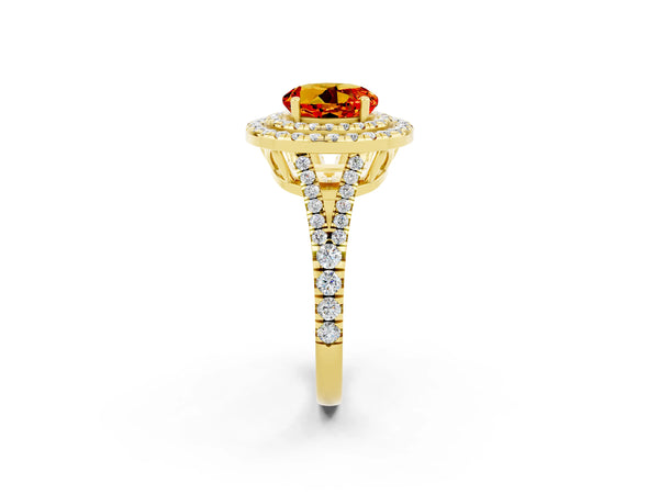 Yellow gold Round Cut Citrine Double Halo Ring with Pavé Band and Prong Setting