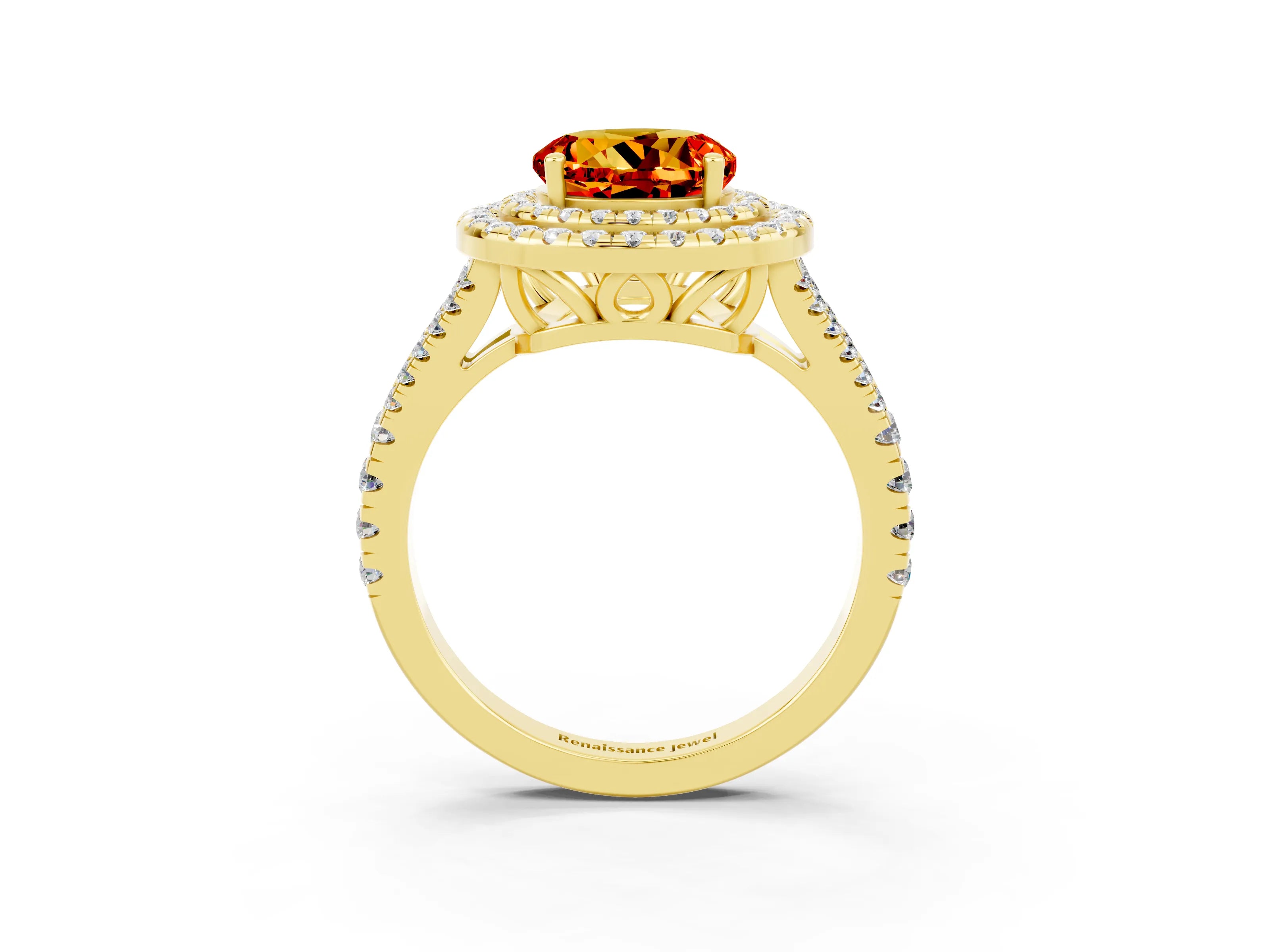 Yellow gold Round Cut Citrine Double Halo Ring with Pavé Band and Prong Setting_15