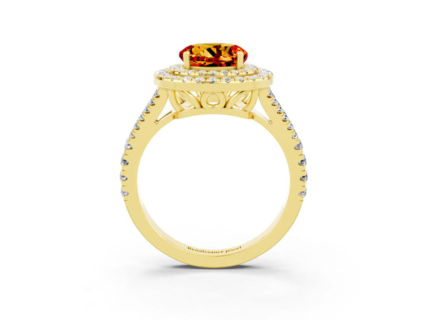 Yellow gold Round Cut Citrine Double Halo Ring with Pavé Band and Prong Setting