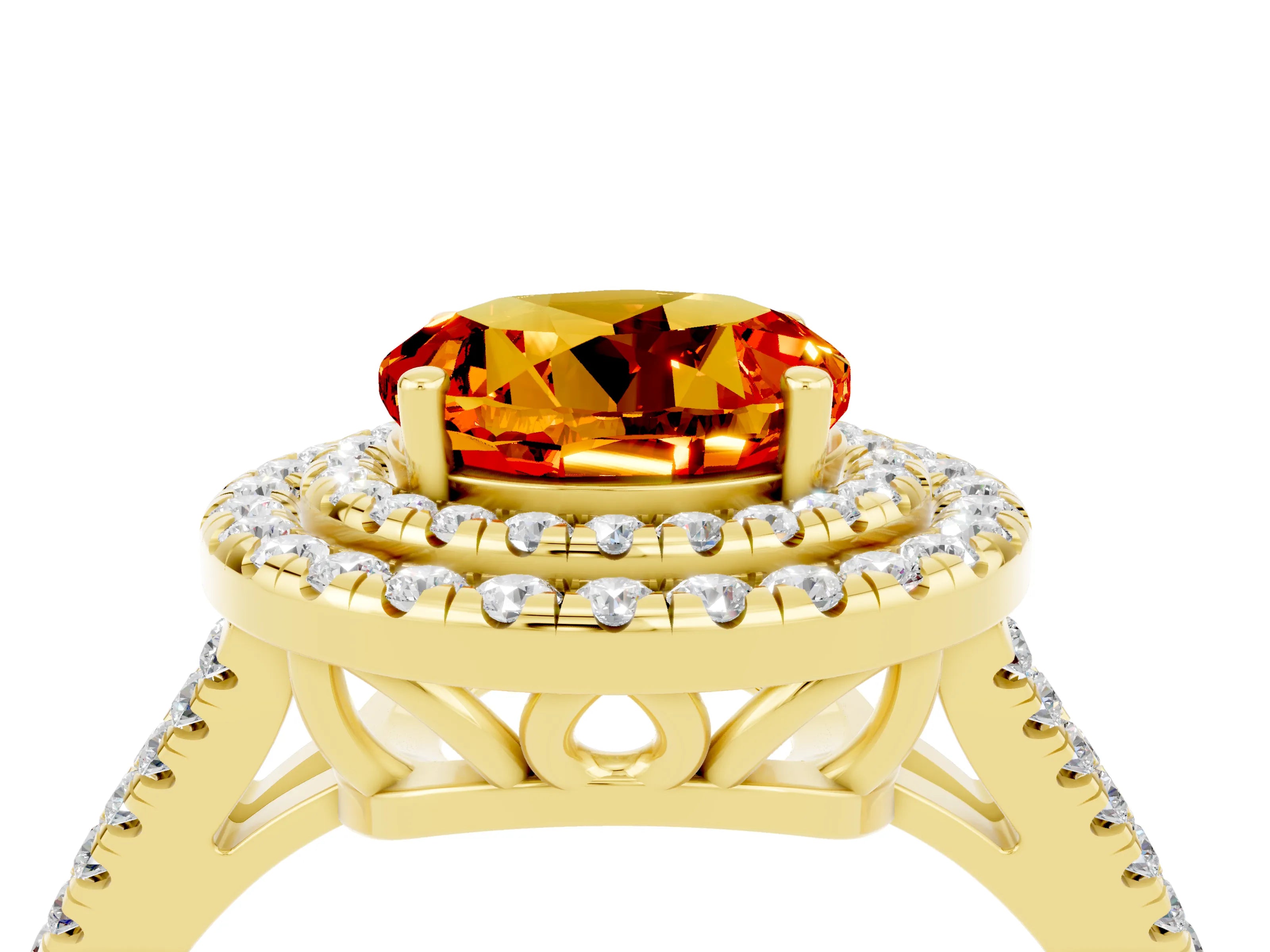 Yellow gold Round Cut Citrine Double Halo Ring with Pavé Band and Prong Setting_16