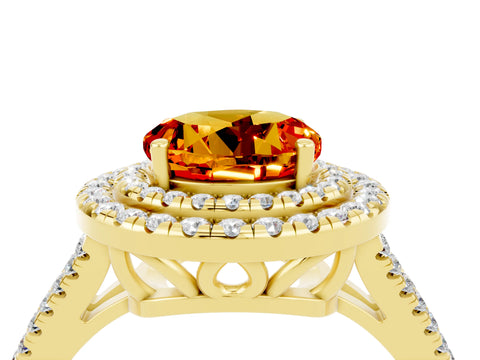 Yellow gold Round Cut Citrine Double Halo Ring with Pavé Band and Prong Setting_16