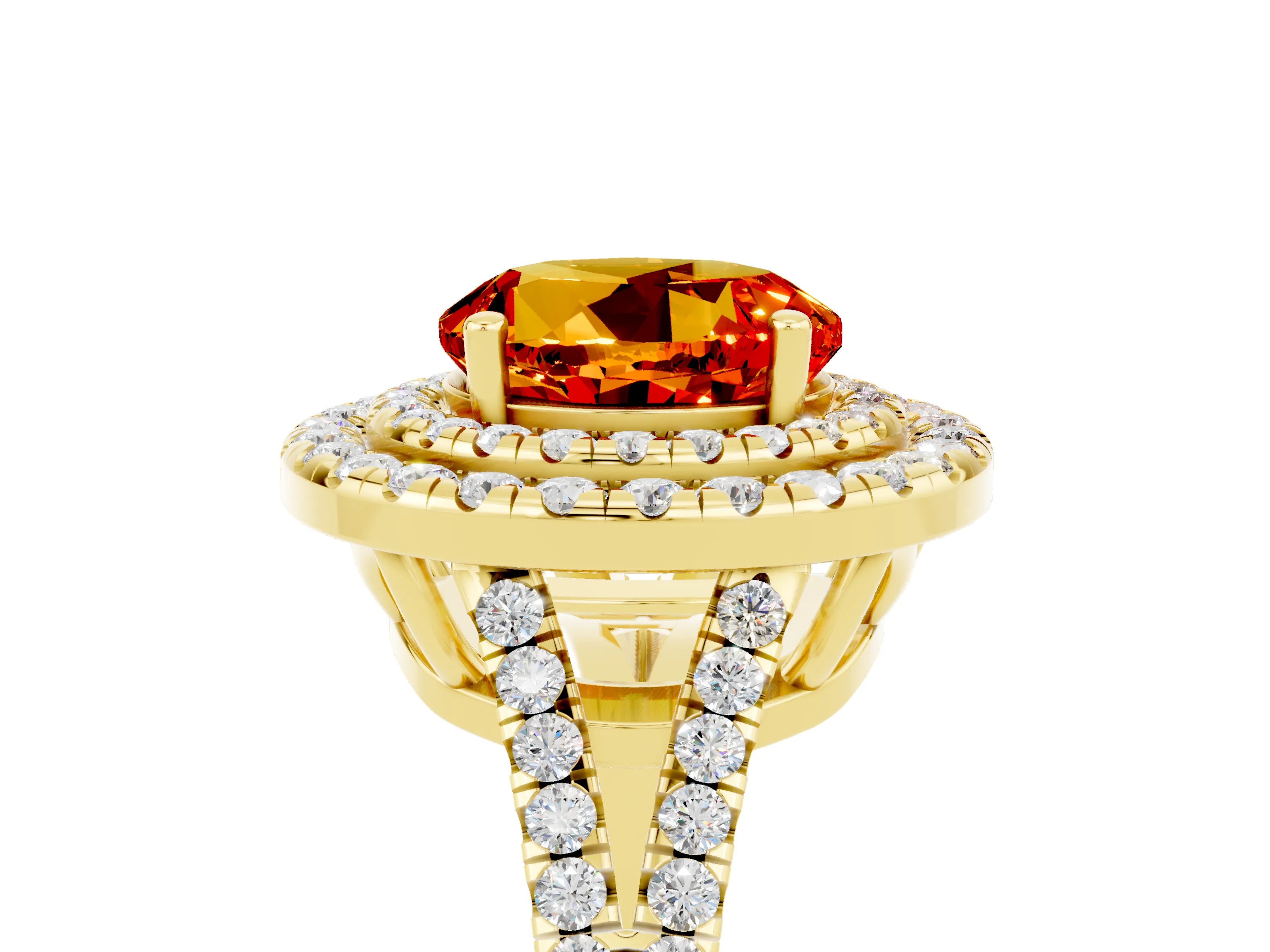 Yellow gold Round Cut Citrine Double Halo Ring with Pavé Band and Prong Setting_17