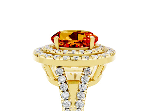 Yellow gold Round Cut Citrine Double Halo Ring with Pavé Band and Prong Setting_17
