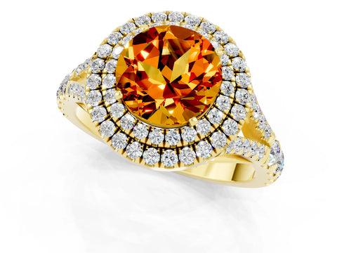 Yellow gold Round Cut Citrine Double Halo Ring with Split Shank and Prong Setting_13
