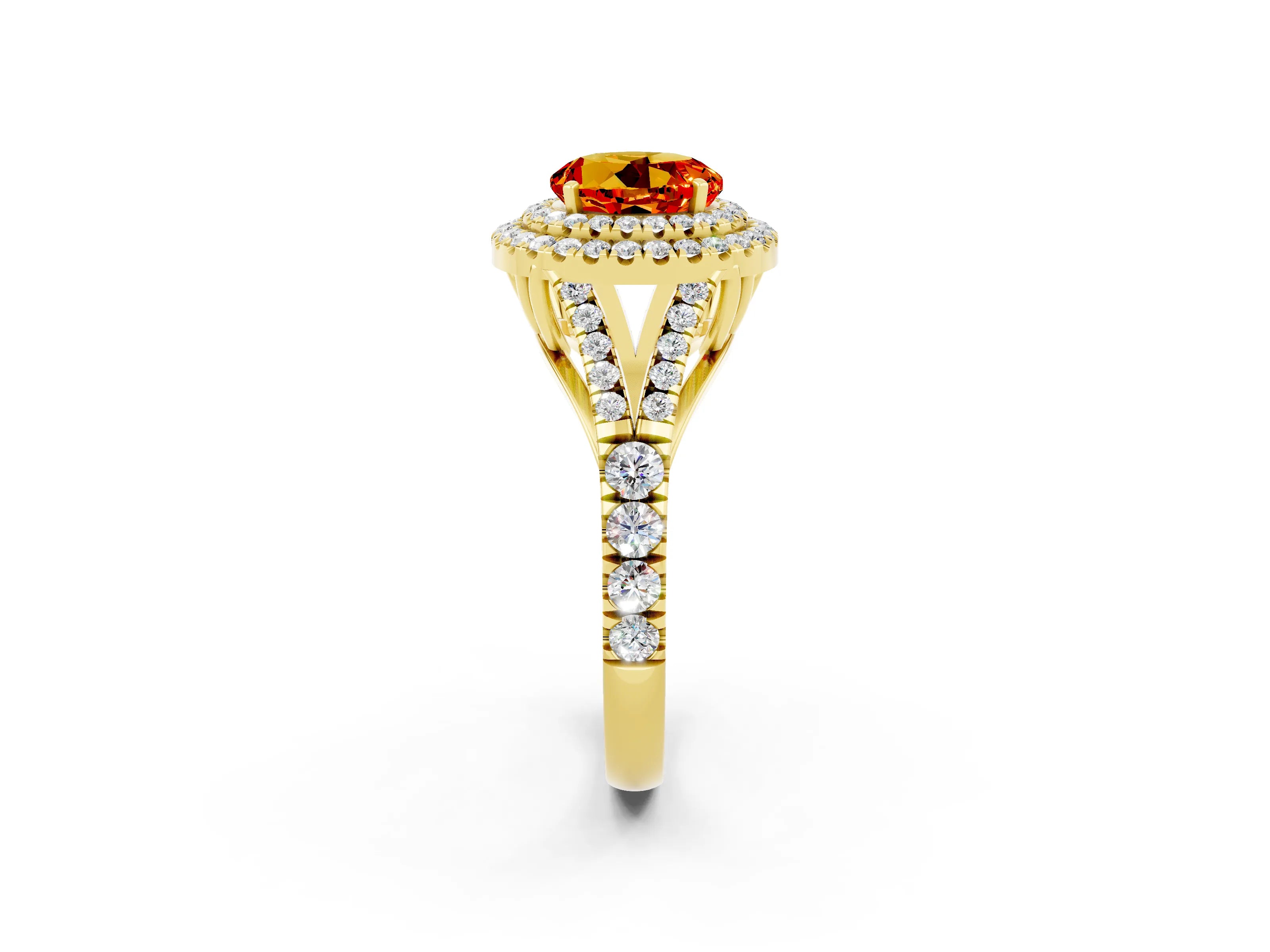 Yellow gold Round Cut Citrine Double Halo Ring with Split Shank and Prong Setting_14