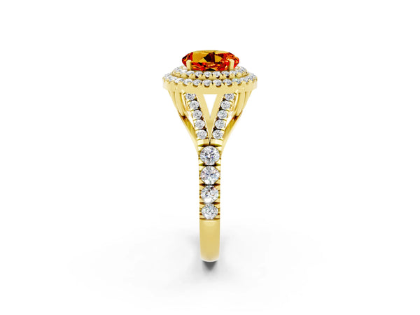 Yellow gold Round Cut Citrine Double Halo Ring with Split Shank and Prong Setting