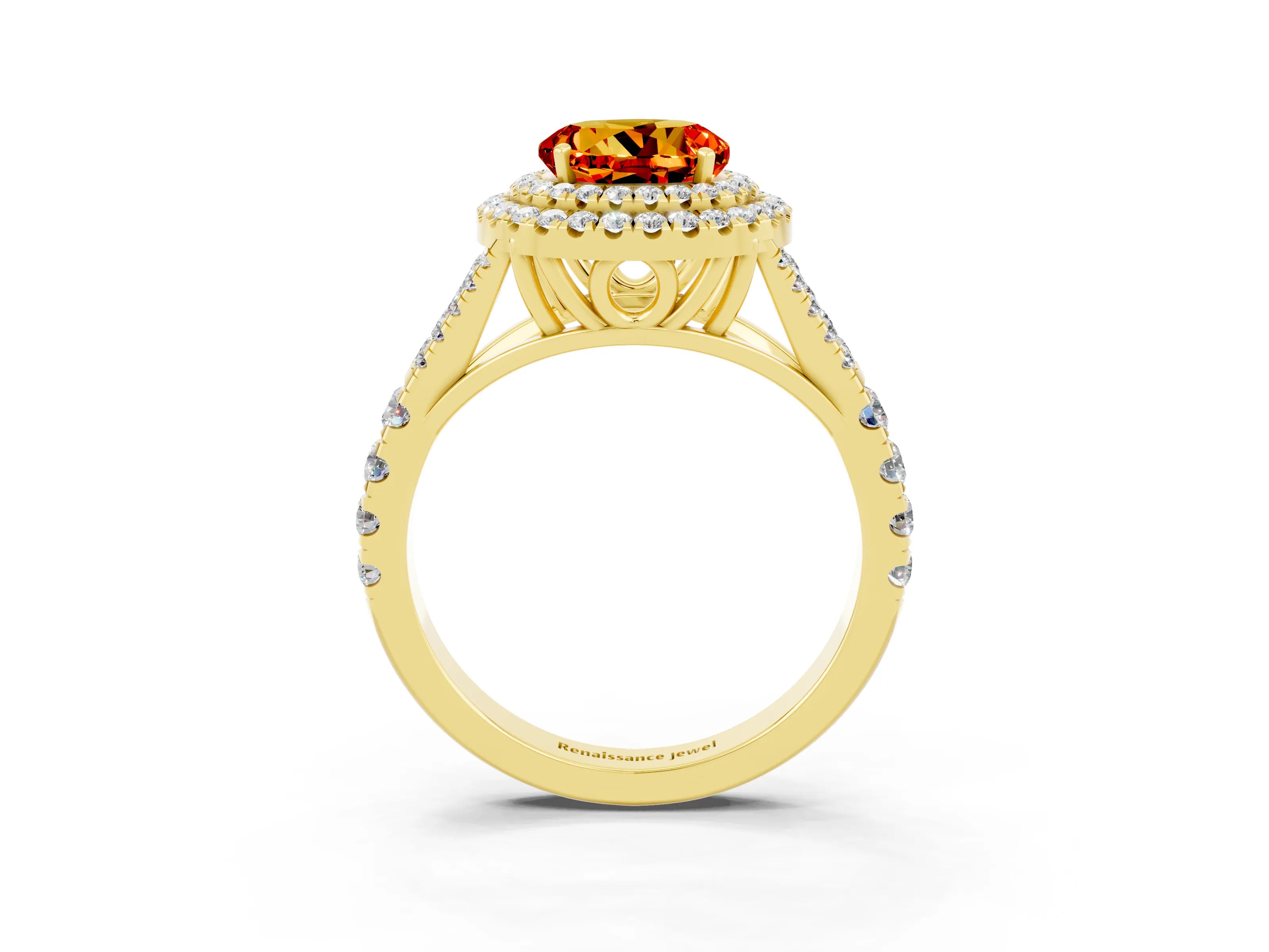 Yellow gold Round Cut Citrine Double Halo Ring with Split Shank and Prong Setting_15