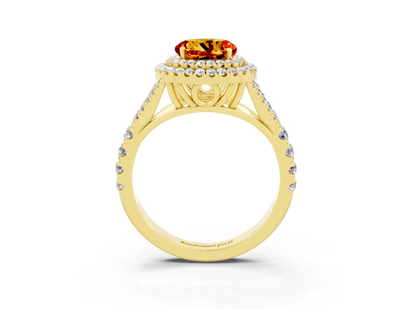 Yellow gold Round Cut Citrine Double Halo Ring with Split Shank and Prong Setting