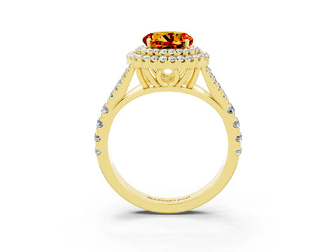 Yellow gold Round Cut Citrine Double Halo Ring with Split Shank and Prong Setting_15
