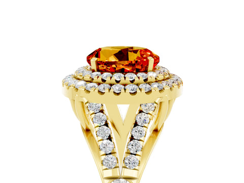 Yellow gold Round Cut Citrine Double Halo Ring with Split Shank and Prong Setting_17