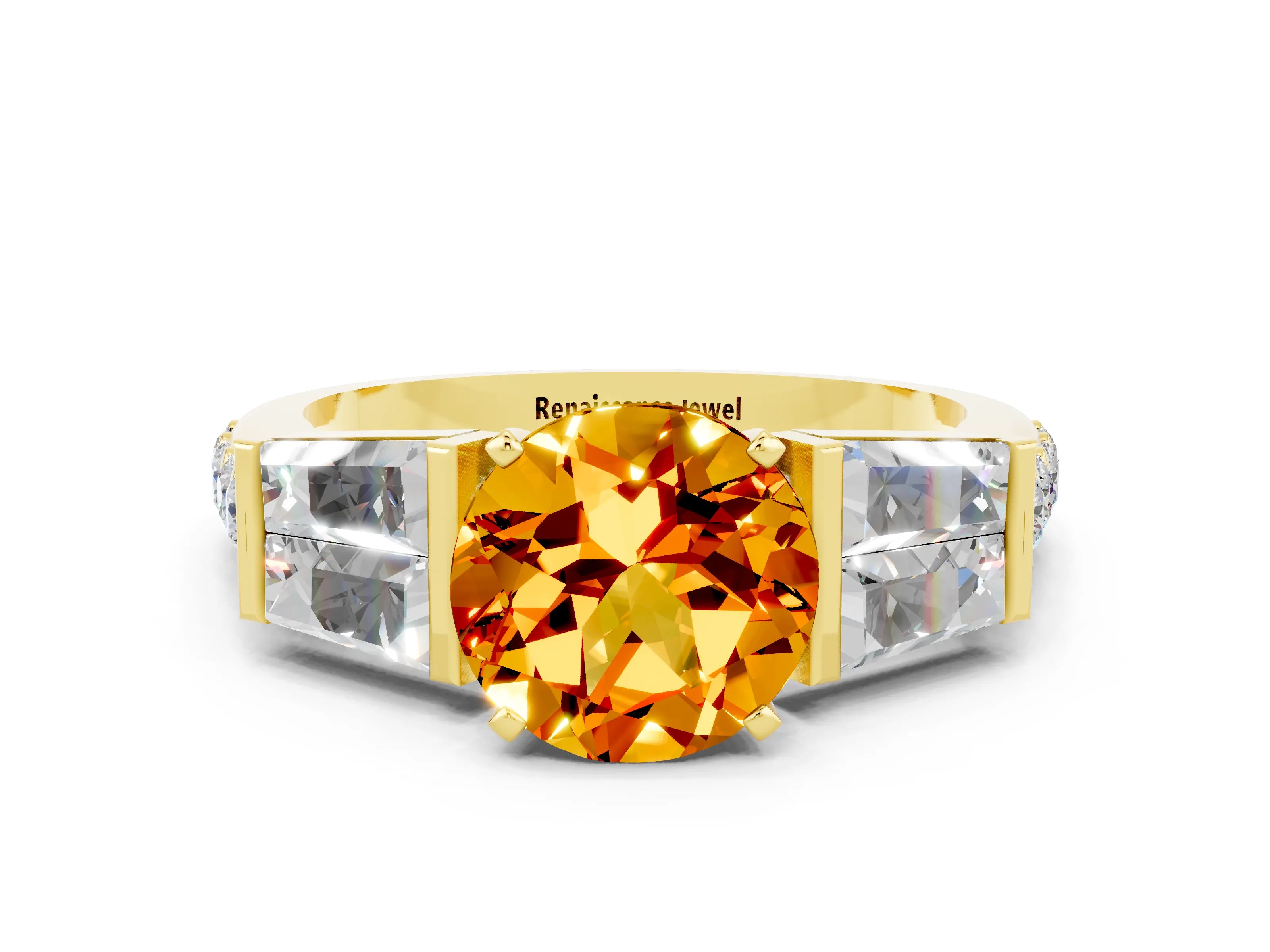 Yellow gold Round Cut Citrine Engagement Ring with Baguette Side Stones and Channel Set Band