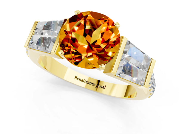 Yellow gold Round Cut Citrine Engagement Ring with Baguette Side Stones and Channel Set Band