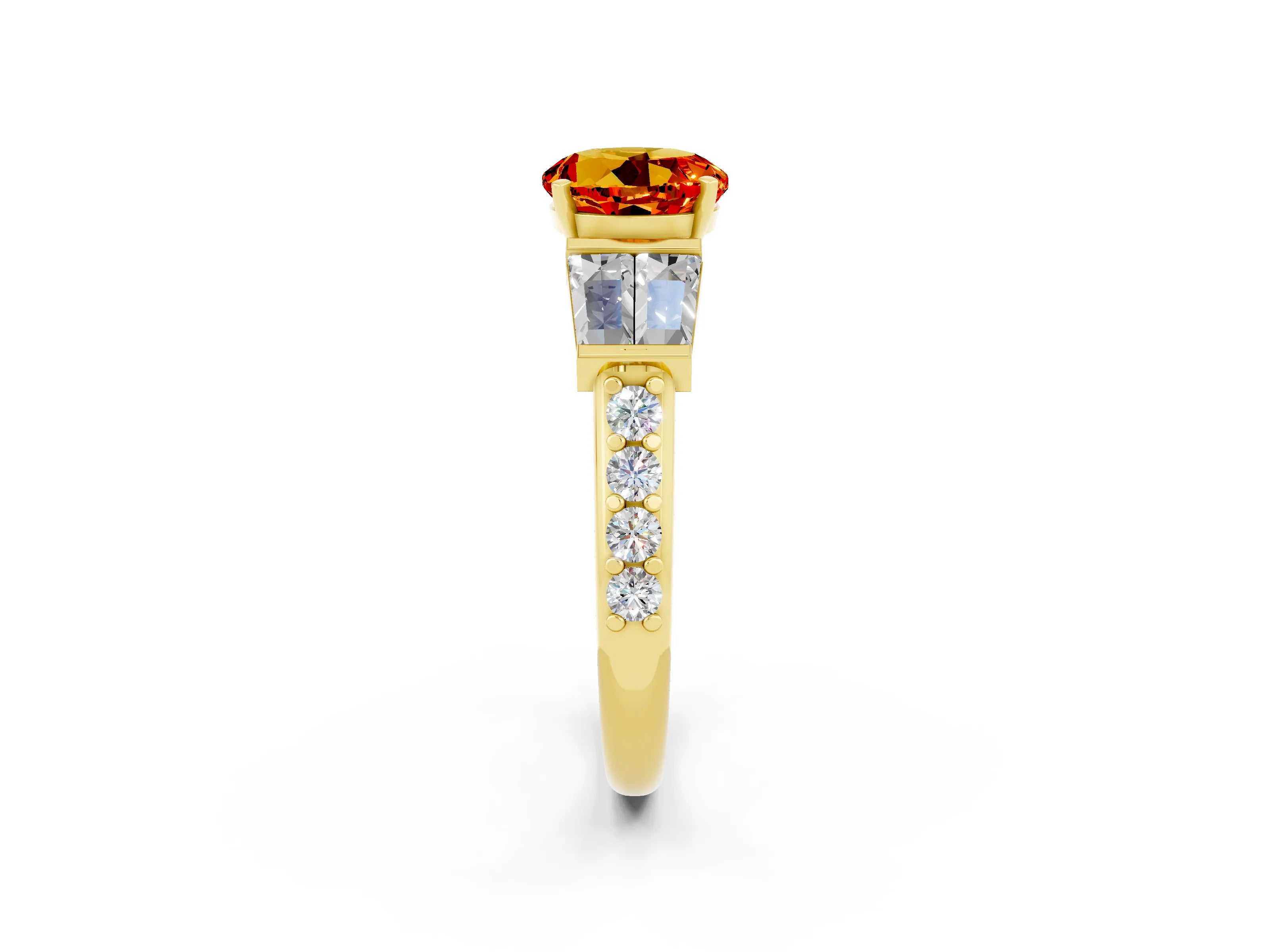 Yellow gold Round Cut Citrine Engagement Ring with Baguette Side Stones and Channel Set Band_2