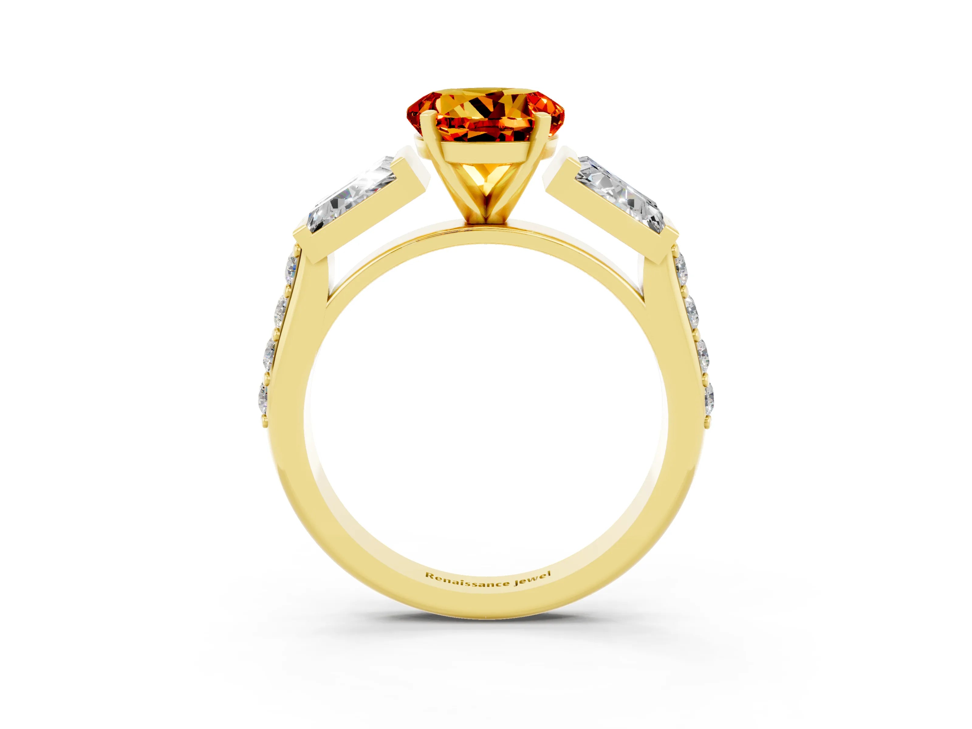 Yellow gold Round Cut Citrine Engagement Ring with Baguette Side Stones and Channel Set Band_3