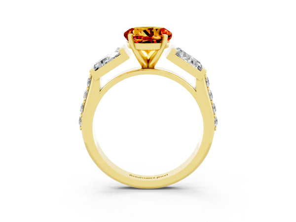 Yellow gold Round Cut Citrine Engagement Ring with Baguette Side Stones and Channel Set Band