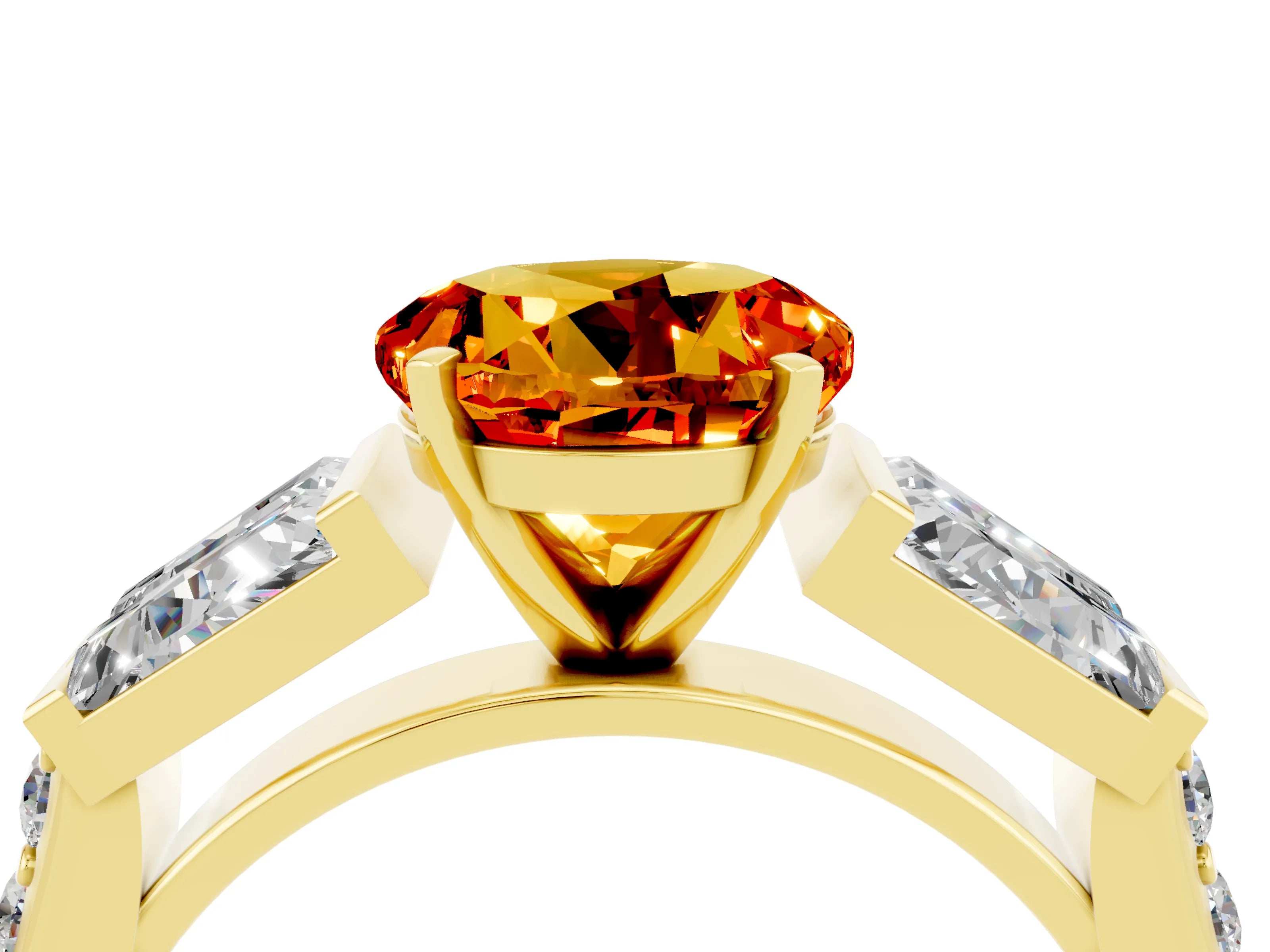 Yellow gold Round Cut Citrine Engagement Ring with Baguette Side Stones and Channel Set Band_4