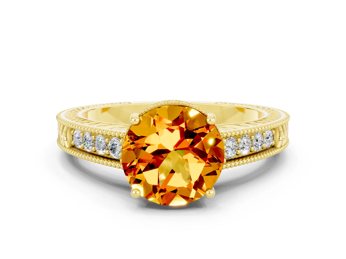 Yellow gold Round Cut Citrine Engagement Ring with Milgrain Channel Set Band and Prong Setting