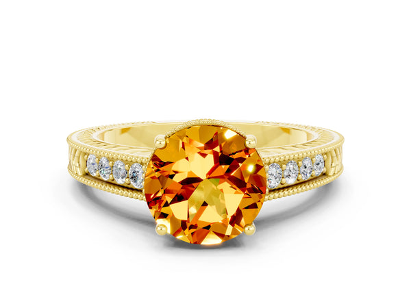 Yellow gold Round Cut Citrine Engagement Ring with Milgrain Channel Set Band and Prong Setting