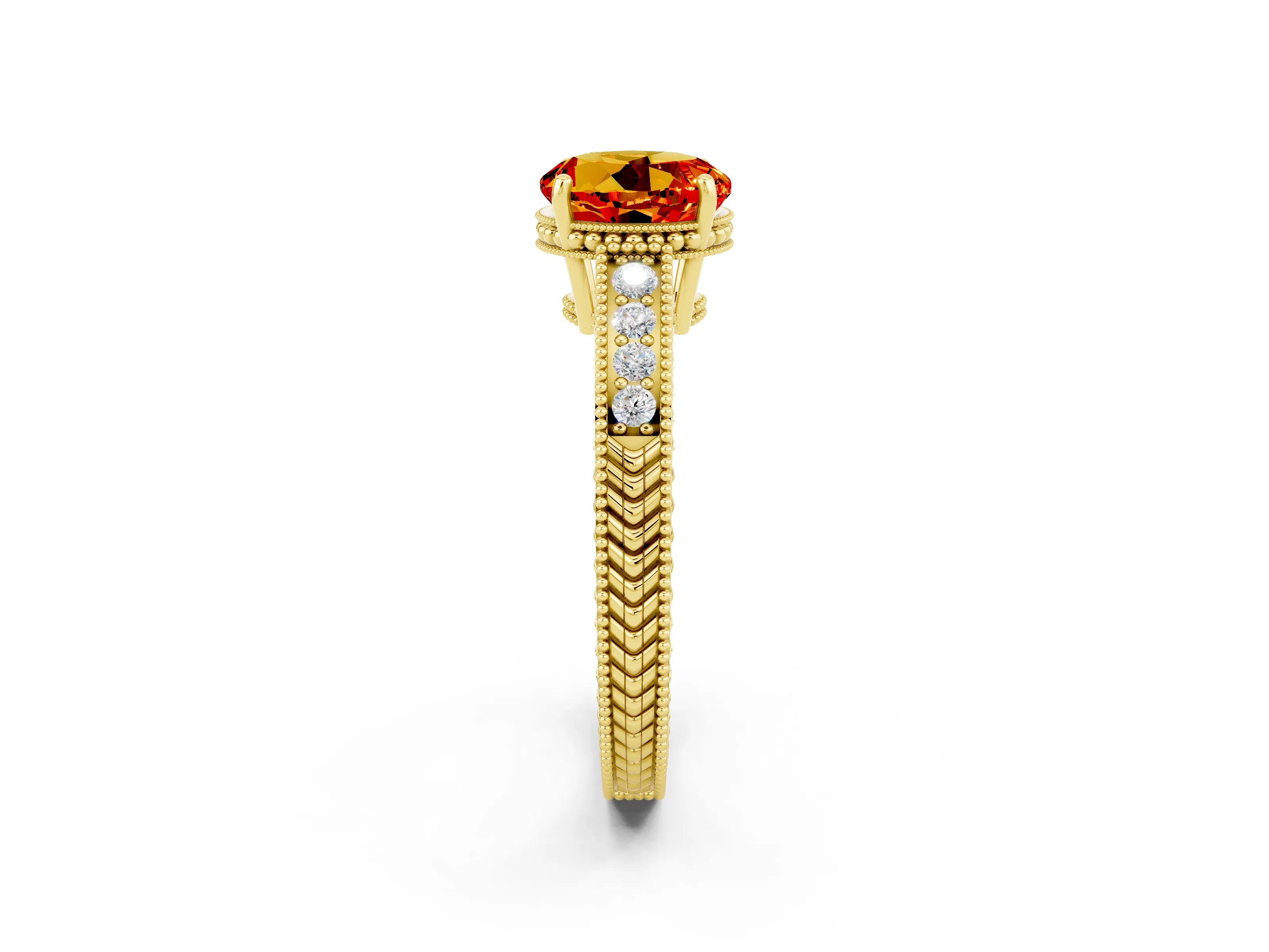 Yellow gold Round Cut Citrine Engagement Ring with Milgrain Channel Set Band and Prong Setting_2