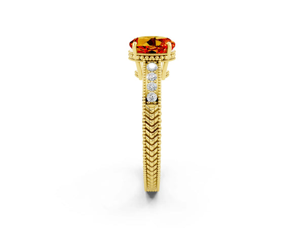 Yellow gold Round Cut Citrine Engagement Ring with Milgrain Channel Set Band and Prong Setting