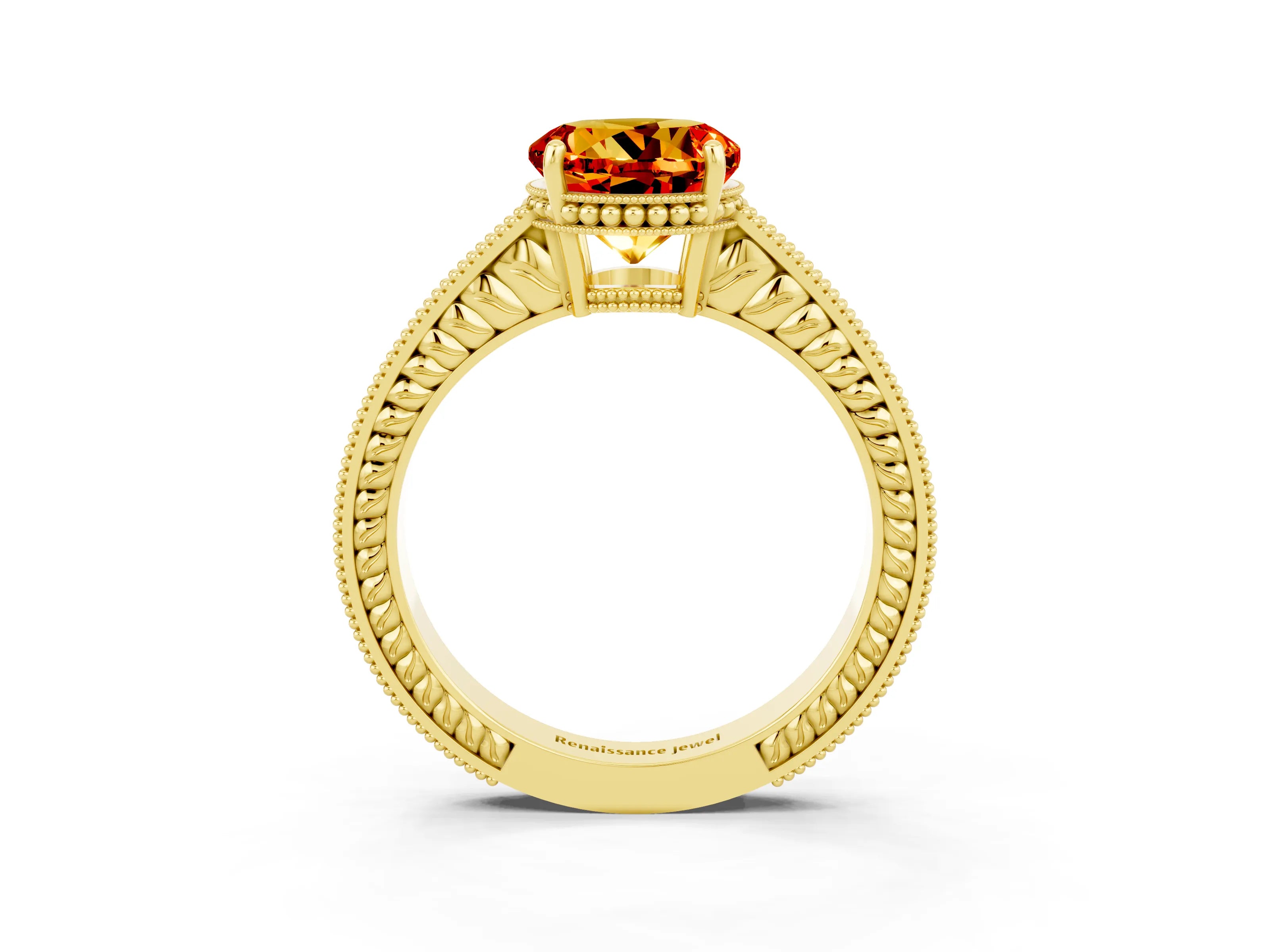 Yellow gold Round Cut Citrine Engagement Ring with Milgrain Channel Set Band and Prong Setting_3
