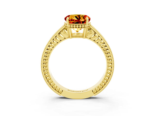 Yellow gold Round Cut Citrine Engagement Ring with Milgrain Channel Set Band and Prong Setting
