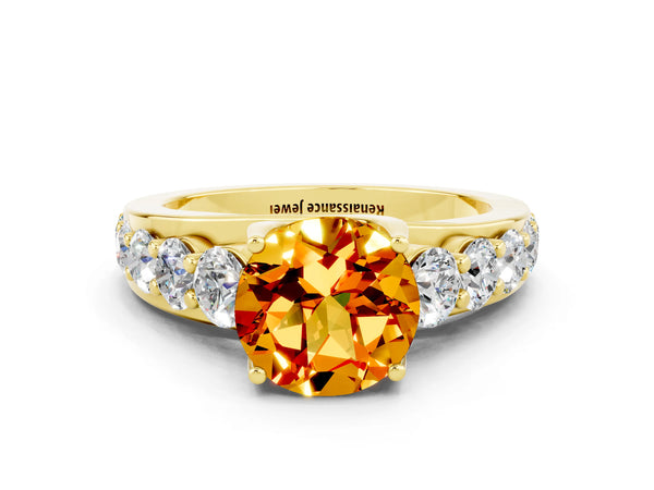 Yellow gold Round Cut Citrine Engagement Ring with Pavé Band and Four-Prong Setting