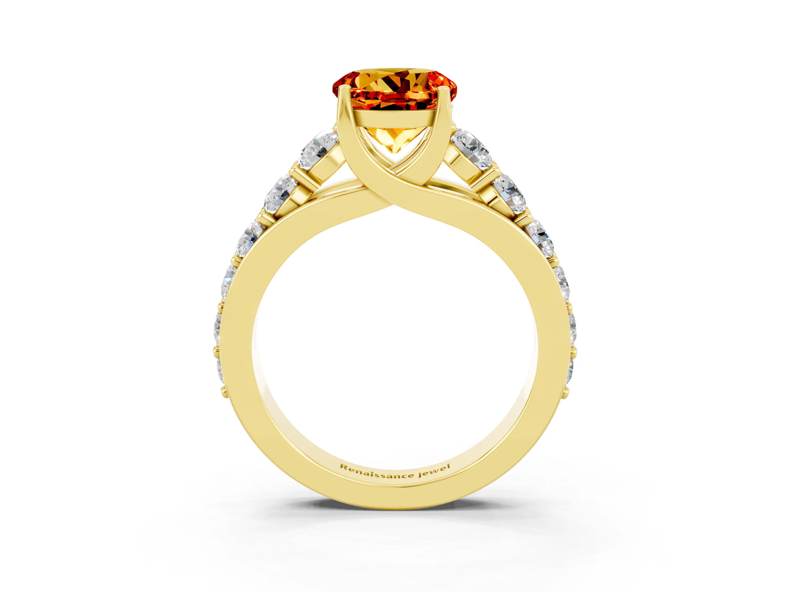 Yellow gold Round Cut Citrine Engagement Ring with Pavé Band and Four-Prong Setting_3