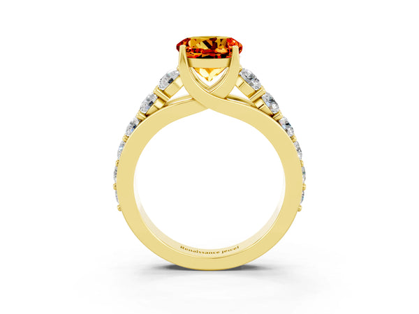 Yellow gold Round Cut Citrine Engagement Ring with Pavé Band and Four-Prong Setting