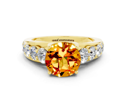 Yellow gold Round Cut Citrine Engagement Ring with Pavé Band and Four-Prong Setting