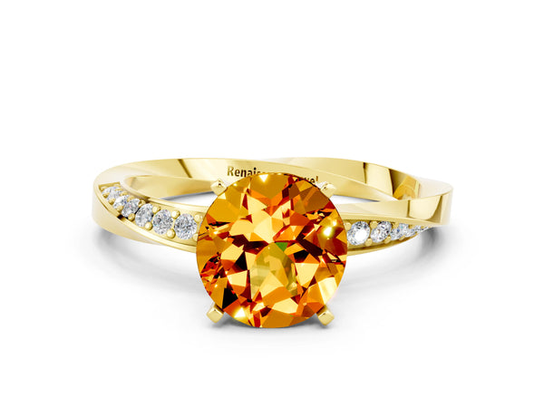 Yellow gold Round Cut Citrine Engagement Ring with Side Stone Accents and Four-Prong Setting