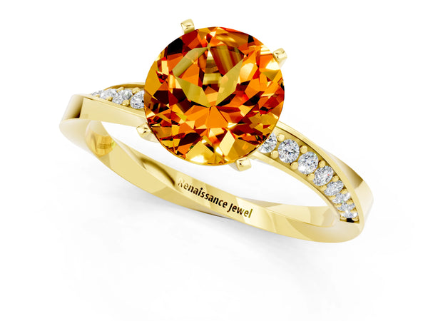 Yellow gold Round Cut Citrine Engagement Ring with Side Stone Accents and Four-Prong Setting