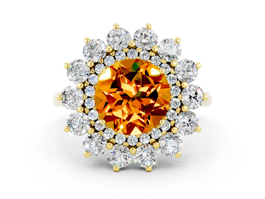 Yellow gold Round Cut Citrine Floral Double Halo Engagement Ring with Prong Setting_60