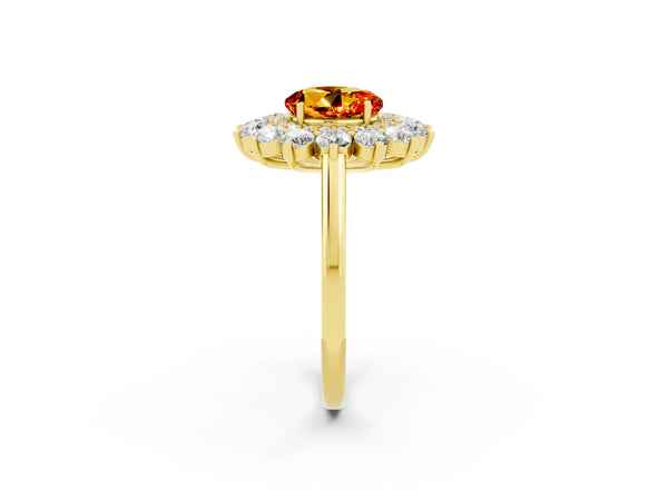 Yellow gold Round Cut Citrine Floral Double Halo Engagement Ring with Prong Setting