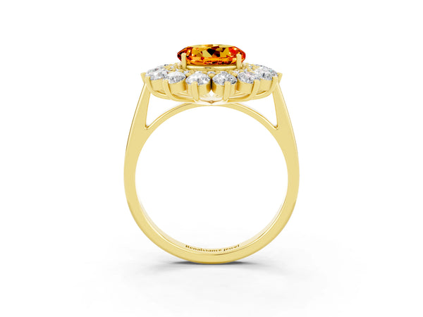 Yellow gold Round Cut Citrine Floral Double Halo Engagement Ring with Prong Setting